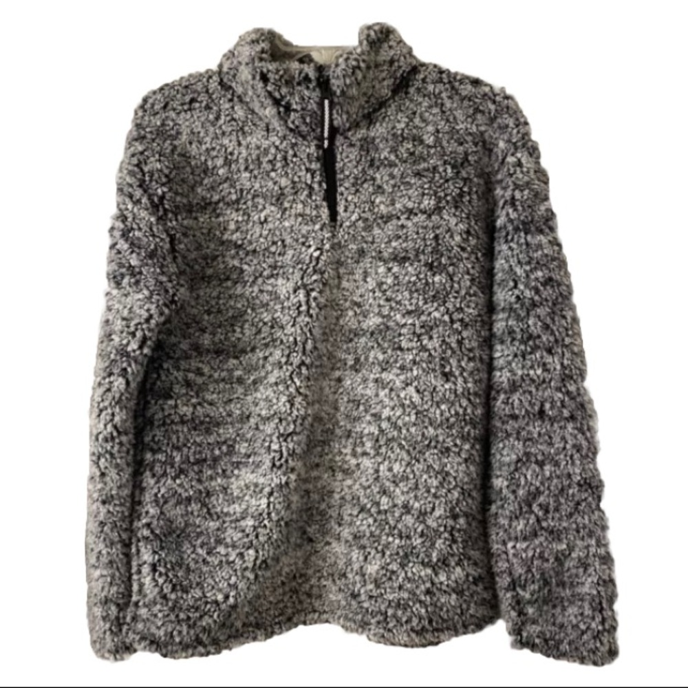 Sherpa-style Fleece 1/4 Zip Gray Flocked Long Sleeve Pullover